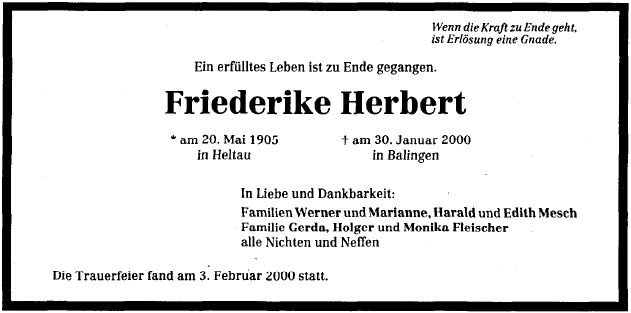 Herbert Friederike 1905-2000 Todesanzeige